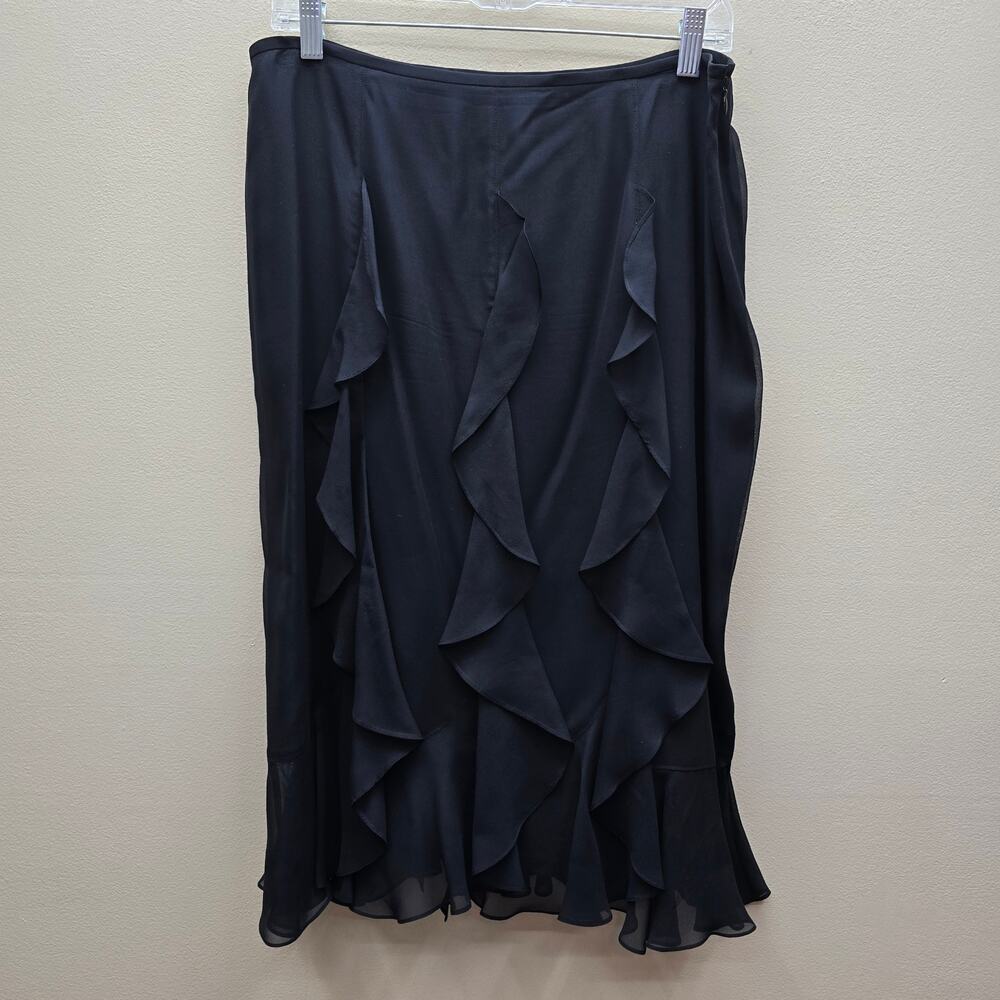 St. John 100% Silk Chiffon Tiered Ruffle Midi Skirt Size 10 Quiet Luxury Black
